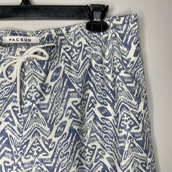 PACSUN Swim Shorts Mens Large Blue Print Mesh Lined Trunks Pockets Drawstring - Picture 2 of 11